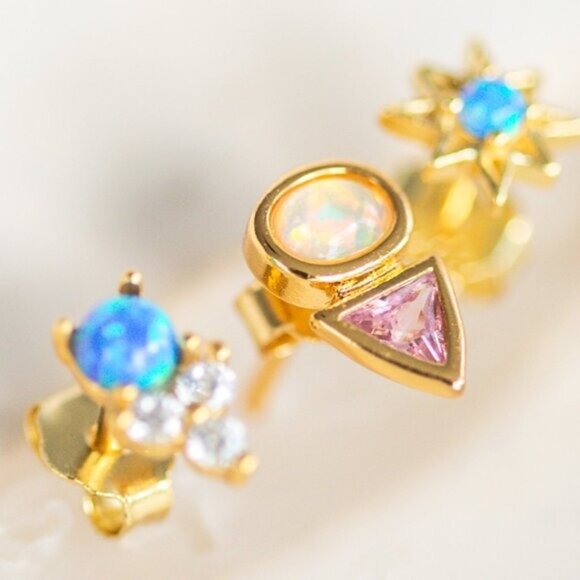 Tiny Stud Earrings Opal and Pink CZ Triangle Opal & Crystal Dainty Studs PRETTY - Picture 9 of 12